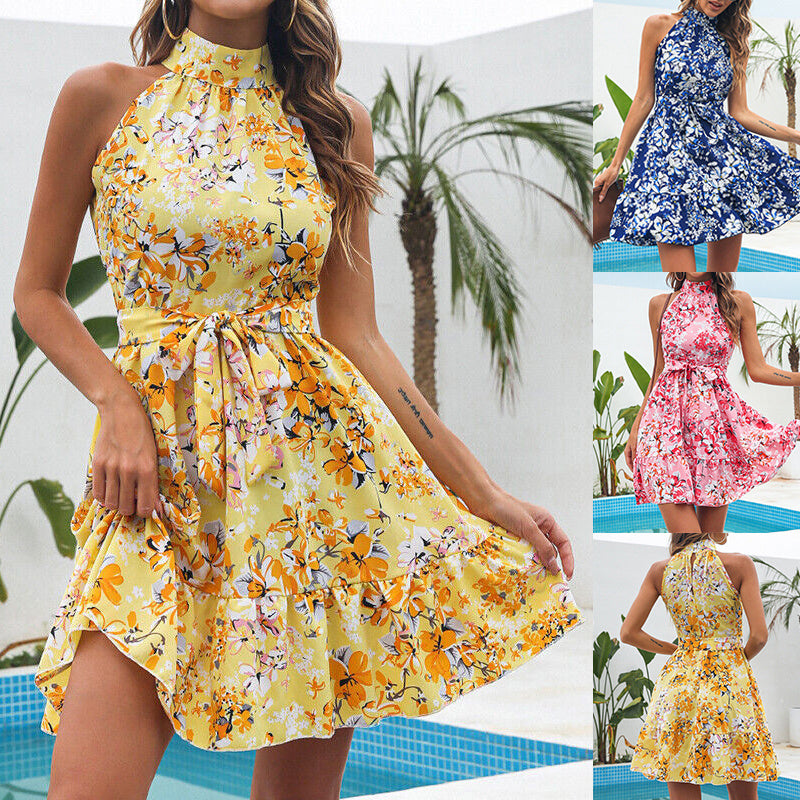 Women's Floral Halterneck Dress – Lace-Up Ruffled Summer Dress