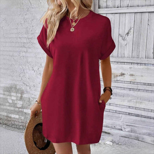 Loose Plus Size Fashion Casual Dress Solid Batwing Sleeve Tee Dress.