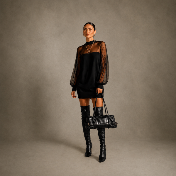 Lauren-  Mesh Patchwork Dress - Black