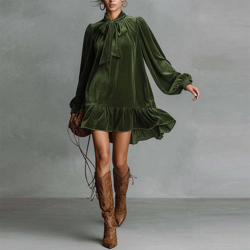 Women’s Bow-Tie Puff Sleeve Dress – Elegant Asymmetric Ruffle Hem Short Dress.