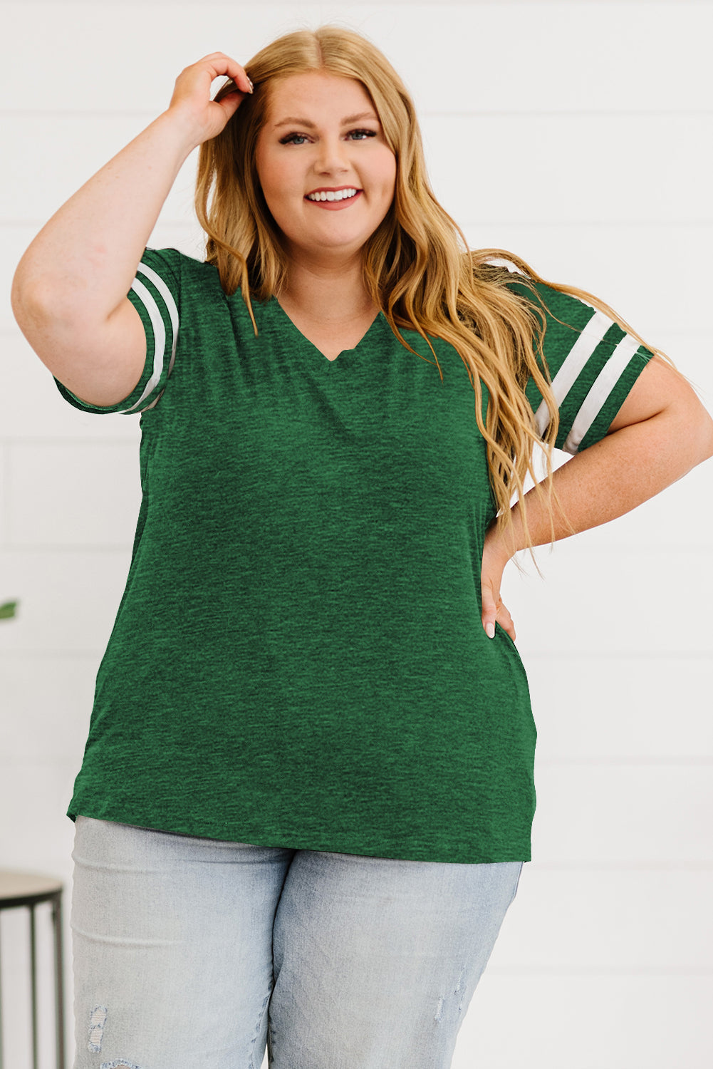 Plus Size Striped V-Neck Tee Shirt See size chart under “more details”