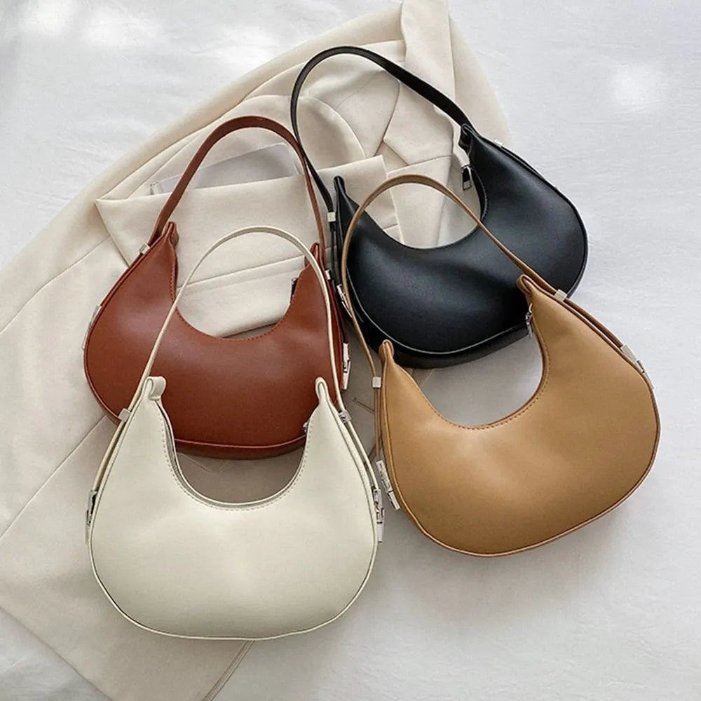 Women's Fashion Clutch Handbags Half Moon Solid Color PU Leather Underarm Bag Casual Female Tote Bags Lady Hobos Bags