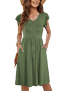 Women's Sleeveless Swing Midi Dress – V-Neck Button-Down with Pockets