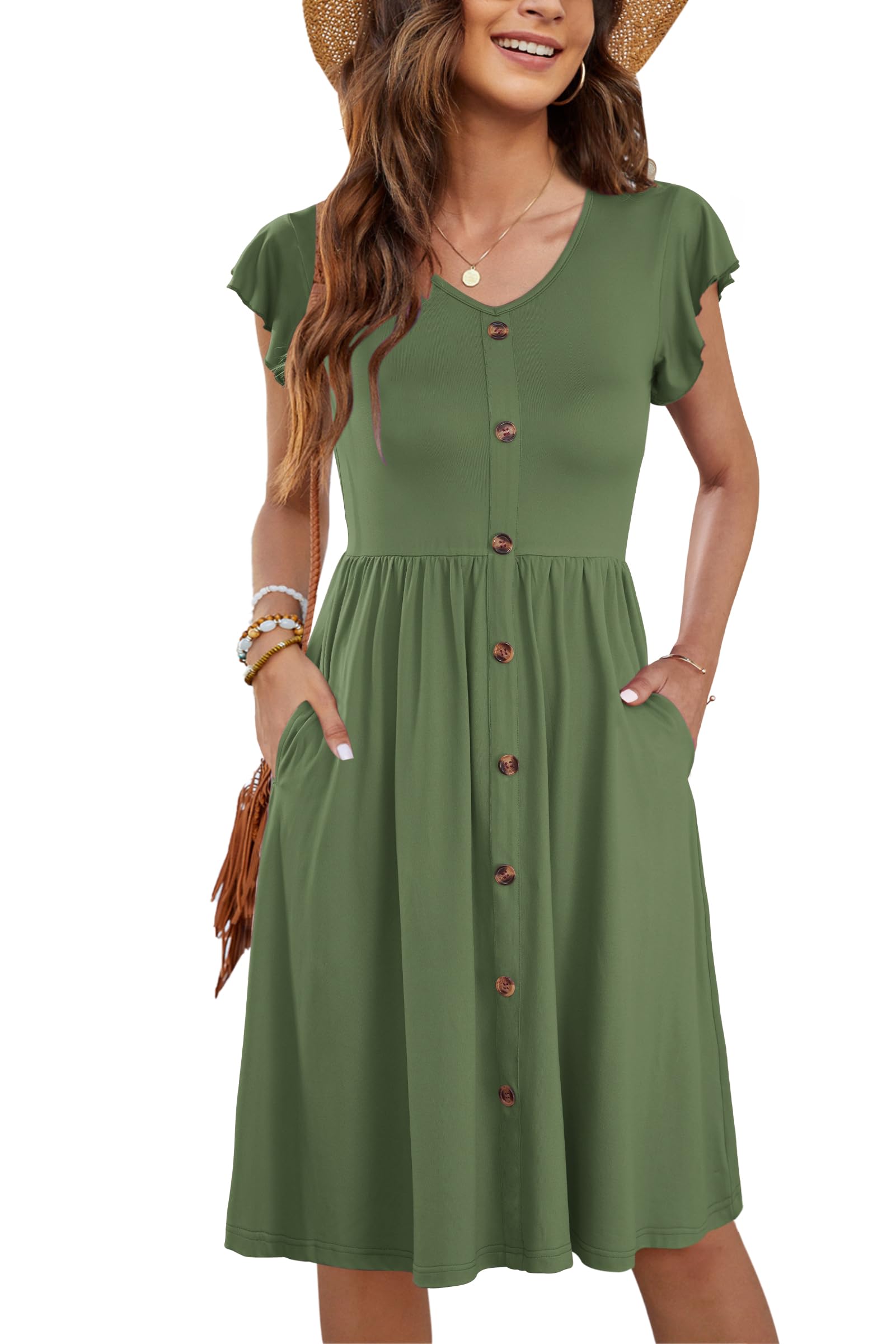 Women's Sleeveless Swing Midi Dress – V-Neck Button-Down with Pockets
