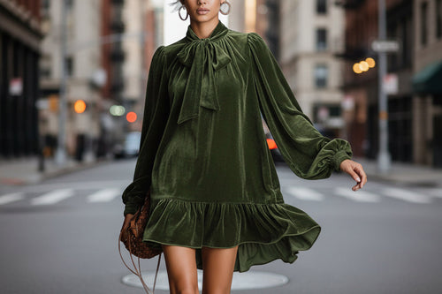 Women’s Bow-Tie Puff Sleeve Dress – Elegant Asymmetric Ruffle Hem Short Dress.