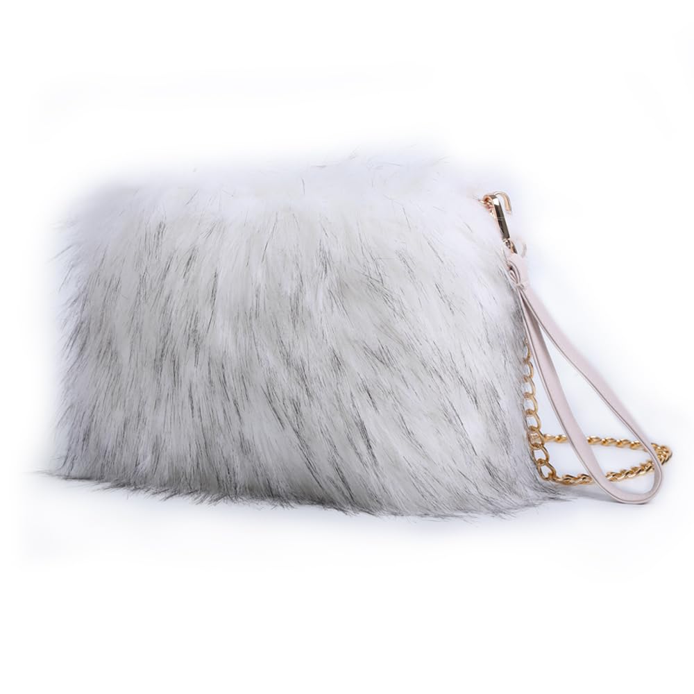Women's Faux Fur Evening Crossbody Bag – Fluffy Furry Shoulder Purse in White