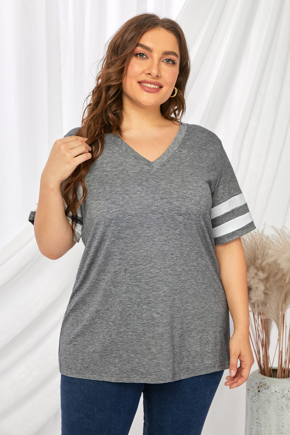 Plus Size Striped V-Neck Tee Shirt See size chart under “more details”