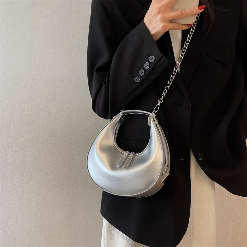 Small Silver Leather Crossbody Bags for Women  Trend Underarm Handbags and Purses Chain Armpit Shoulder Side Bags