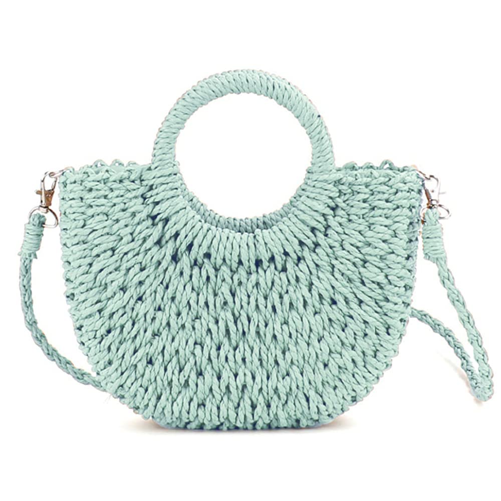 QTKJ Mini Semi-circle Rattan Straw Handbags Hand-woven Women Summer Retro Straw Tote Bag Shoulder Bag Crossbody Bag Round Handle Beach Handbags (Mint Green)