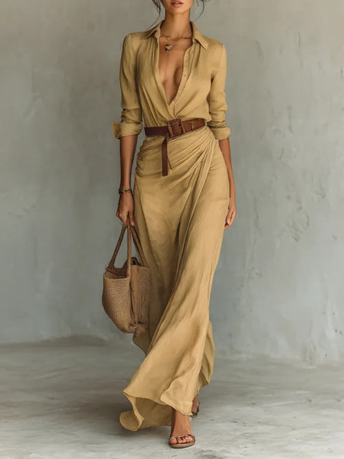 Women's Elegant Belted Irregular Ruffle Long Dress – Slim Waist.