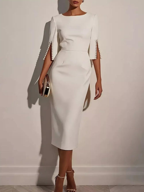 Slim-Fit Elegant Midi Dress with Beaded Slit Sleeve.
