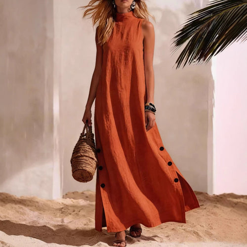 Cotton Linen Sleeveless Midi Dress – Side Slits & Loose Fit.