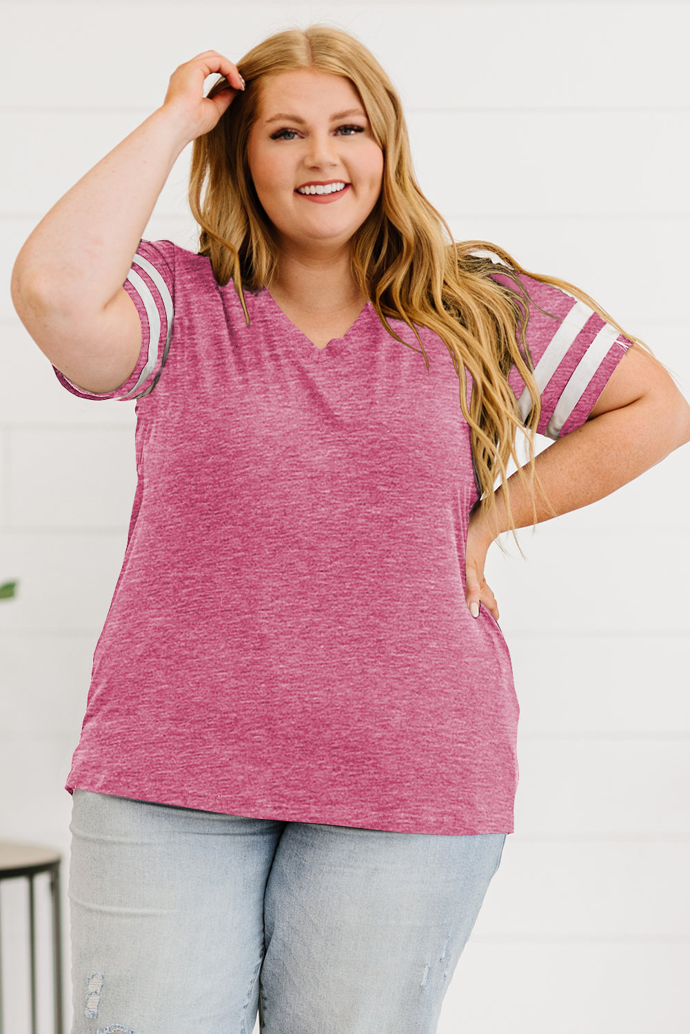 Plus Size Striped V-Neck Tee Shirt See size chart under “more details”