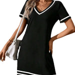 Women's Contrast-Color V-Neck A-Line Dress – Short Sleeve, Elegant, Mid-Rise. 1