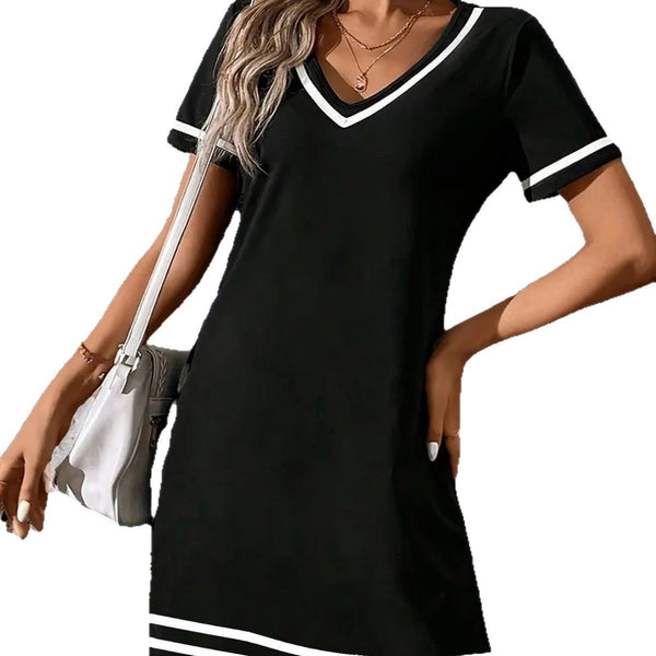 Women's Contrast-Color V-Neck A-Line Dress – Short Sleeve, Elegant, Mid-Rise.