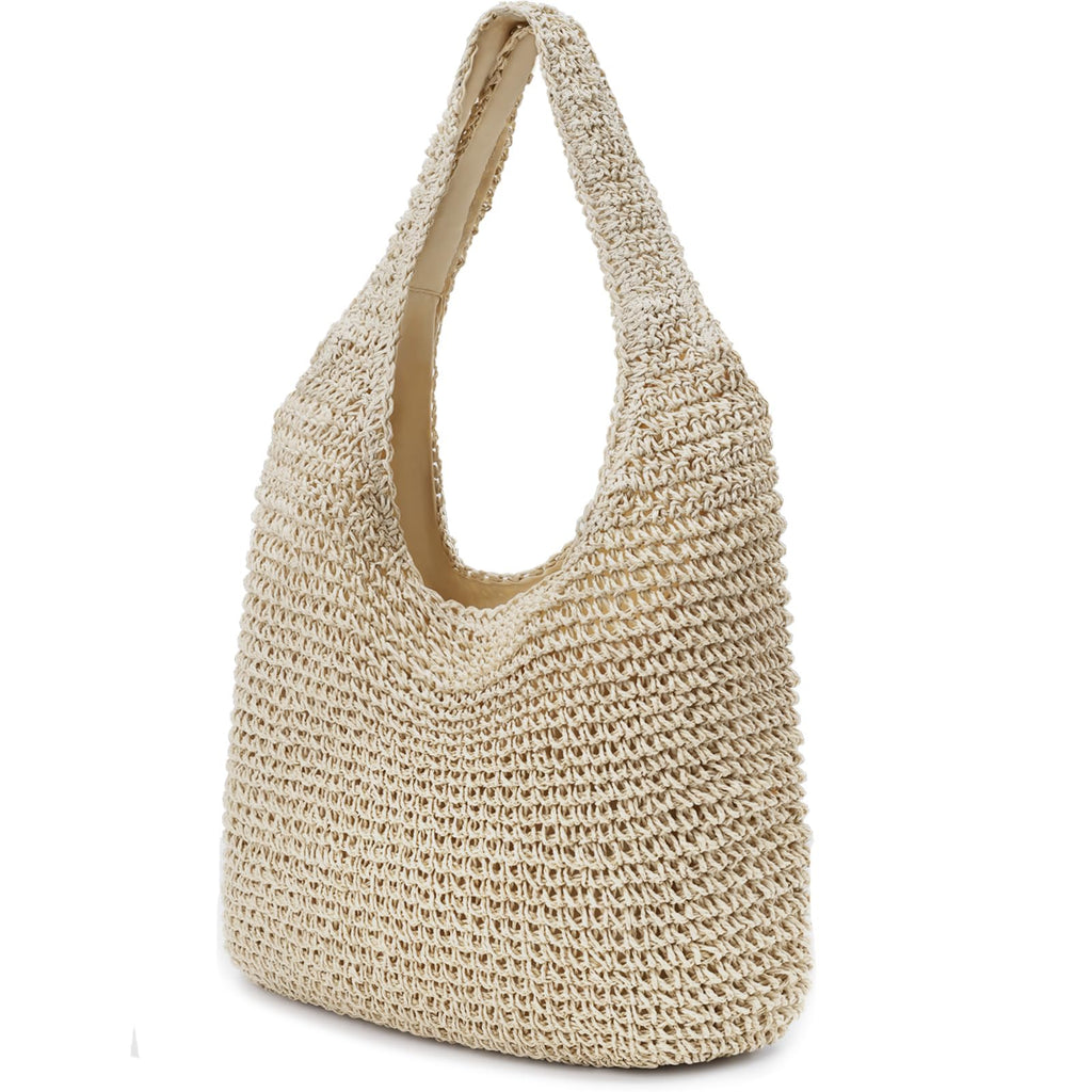 Women's Straw Beach Tote Bag – Woven Boho Shoulder Bag in Beige