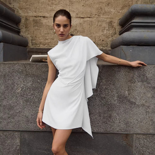 Asymmetric Ruched Bodycon Mini Dress | Sleeveless Stand Collar Lined Dress