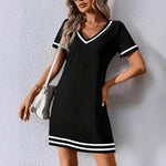 Women's Contrast-Color V-Neck A-Line Dress – Short Sleeve, Elegant, Mid-Rise. 2