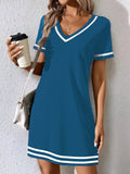 Women's Contrast-Color V-Neck A-Line Dress – Short Sleeve, Elegant, Mid-Rise.