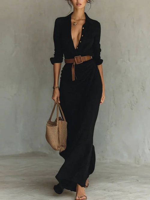 Women's Elegant Belted Irregular Ruffle Long Dress – Slim Waist.