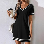 Women's Contrast-Color V-Neck A-Line Dress – Short Sleeve, Elegant, Mid-Rise. 3