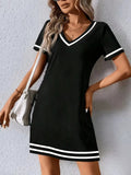 Women's Contrast-Color V-Neck A-Line Dress – Short Sleeve, Elegant, Mid-Rise