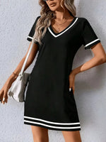 Women's Contrast-Color V-Neck A-Line Dress – Short Sleeve, Elegant, Mid-Rise. 4