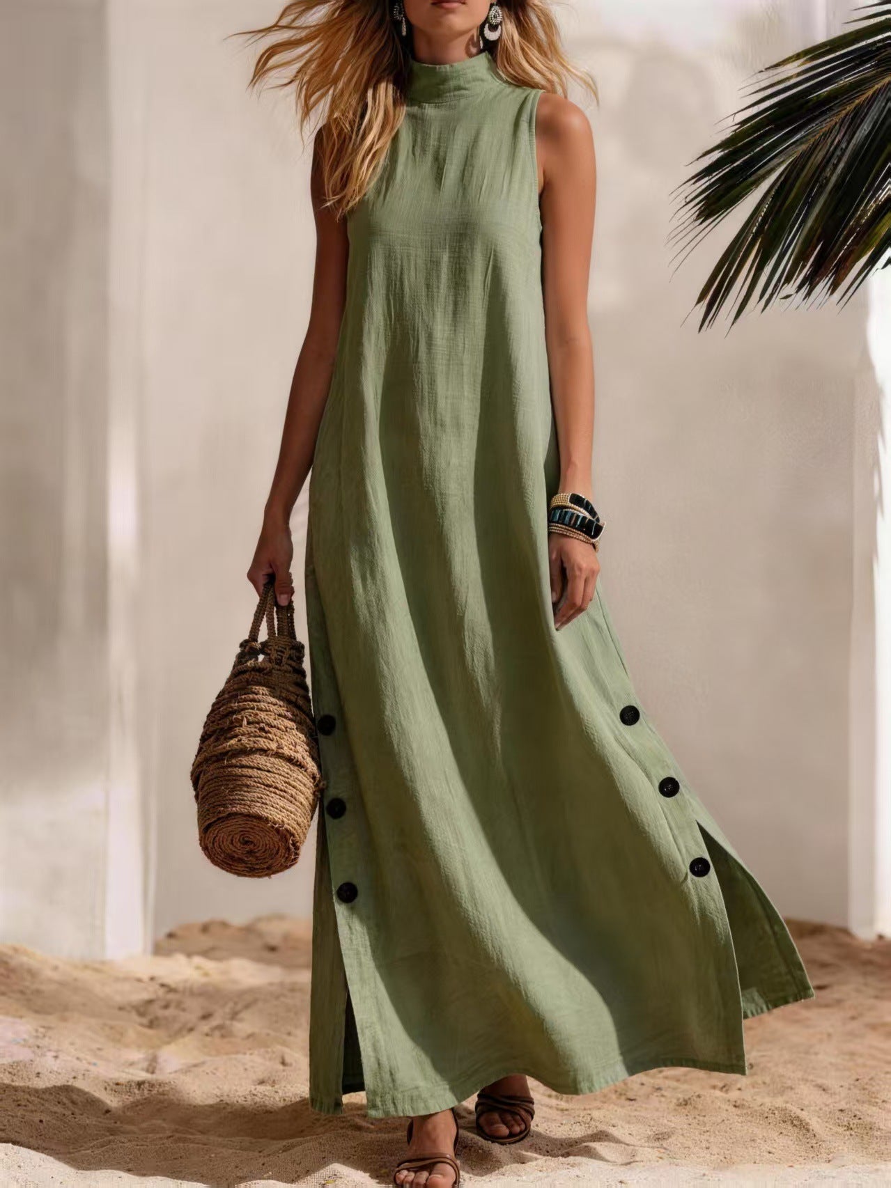 cotton linen dress Plus Size measured from a size 8/M Cotton Linen Sleeveless Midi Dress
