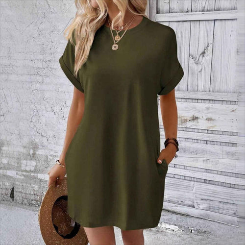 Loose Plus Size Fashion Casual Dress Solid Batwing Sleeve Tee Dress.