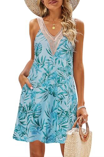Women's Tropical Print Beach Dress – Lace V-Neck Sleeveless Sun Dress with Pockets