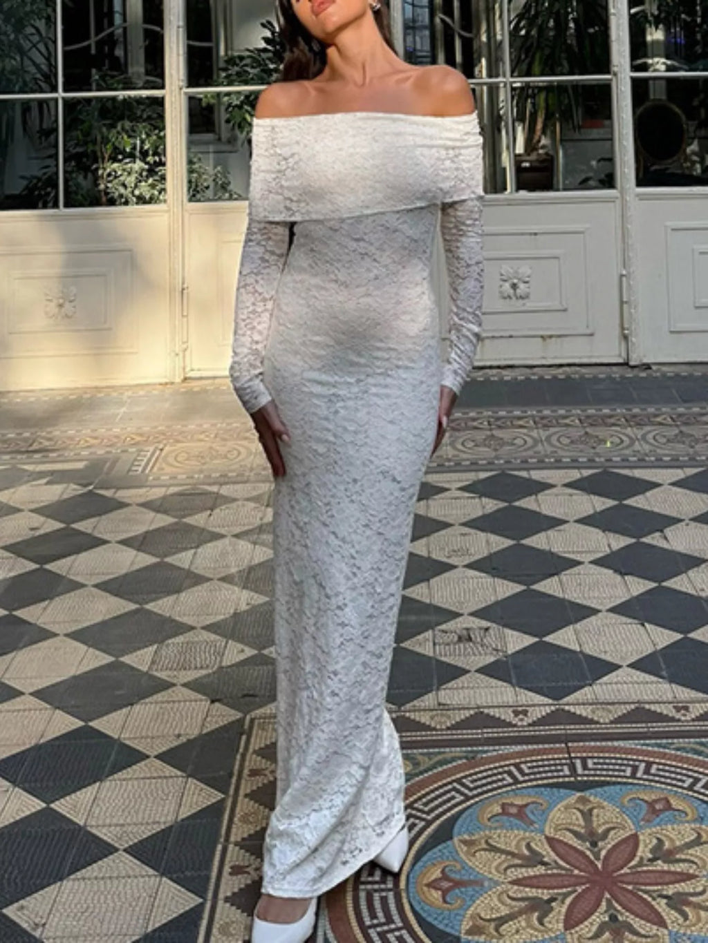 Elegant Off-Shoulder Lace Maxi Bodycon Dress