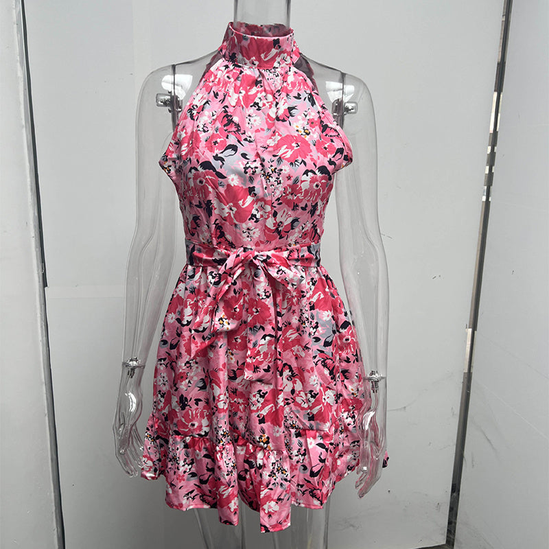 Women's Floral Halterneck Dress – Lace-Up Ruffled Summer Dress